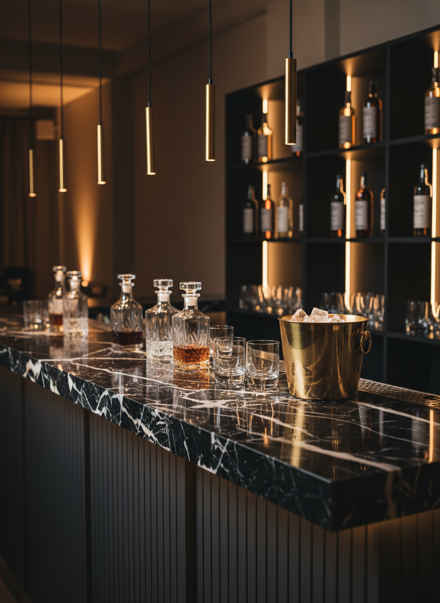A meticulously styled bar counter designed for pop-up events, featuring a long slab of white-veined black marble atop a matte charcoal base with fluted detailing. On the counter, an arrangement of crystal decanters, smoked-glass tumblers, and a brushed brass ice bucket catches the light. Behind the bar, modular black shelving with hidden LED strips displays elegant, unlabeled bottles and geometric glassware. The scene is lit by focused warm pendant lights from above, creating luxurious highlights on the marble and glass while the background fades into a soft, moody blur. The mood is chic and upscale, ideal for cocktail receptions. Shot at a slightly low angle with shallow depth of field in polished photographic realism, emphasizing texture, reflection, and sophistication.